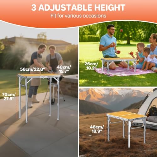 FUNYKICH 2ft Folding Camping Table 22.8''x15.7''x27.5'',3 Height Adjustable