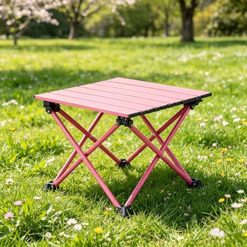 Wind Tour Roll-Up Camping Table, 4-Person Lightweight Portable Outdoor Table with Carry Bag for Picnics BBQ Travel (15.7”x13.7”x11” | Pink)