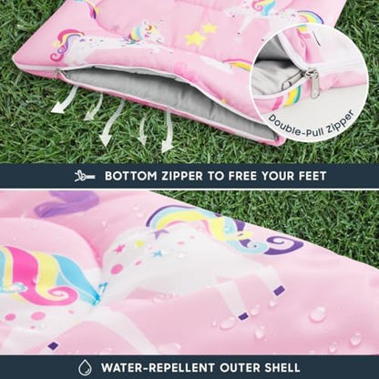 Wake In Cloud - Kids Sleeping Bag for Girls Toddlers, Camping in Warm Cold Weather, Backpacking Lightweight Compact Outdoor Liner for 3 Seasons, Unicorns Rainbow Clouds