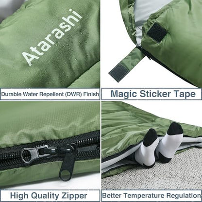 Atarashi Camping Sleeping Bag- 4 Seasons for Adults, Light, Warm, Extra-Large with Compression Sack- Great for Hiking, Backpacking & Outdoor Adventures