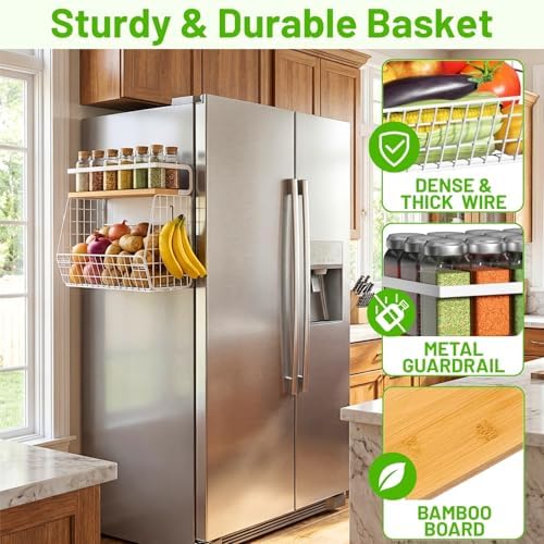 Ofiray-home Magnetic Fridge Shelf with Wood Lid, Fruit Potato Onion Storage Bins, Pantry Organizers, Large Container Spice Rack for Refrigerator, Kitchen Counter, Cabinet (1, White)