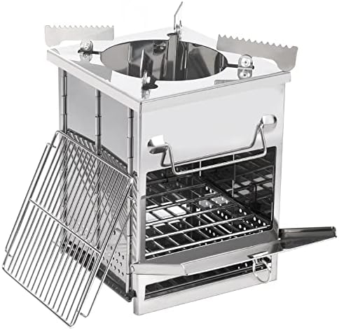 REDCAMP Wood Burning Folding Camp Stove Stainless Steel Grill and Pot Stand, Portable Collapsible Backpacking Stove Survival Rocket Stove for Hiking Outdoor Tent Camping Picnic, Largel with Pot Stand
