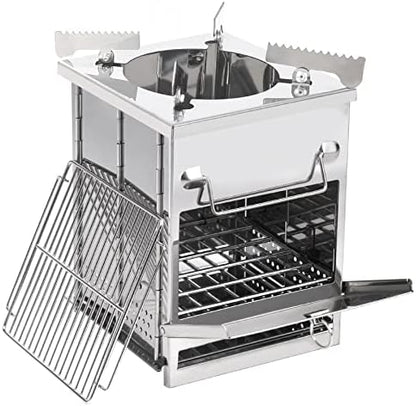 REDCAMP Wood Burning Folding Camp Stove Stainless Steel Grill and Pot Stand, Portable Collapsible Backpacking Stove Survival Rocket Stove for Hiking Outdoor Tent Camping Picnic, Largel with Pot Stand