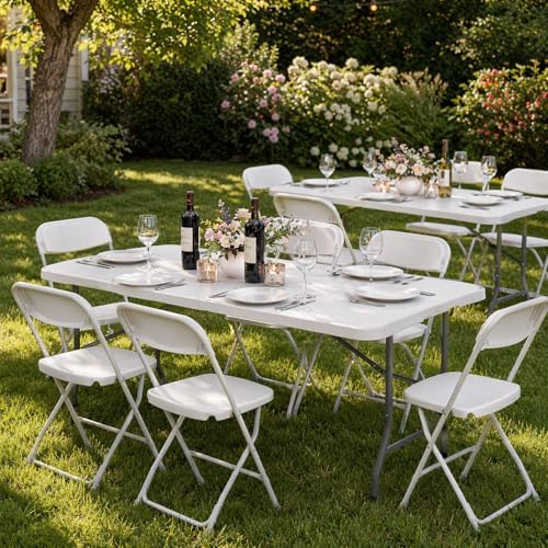 HAISIWLKJ Folding Table 5 FT Camping Table Portable Heavy Duty Plastic Rectangular Outdoor Dining Table Steel Legs Fold-in-Half with Carrying Handle for Indoor,Picnic,Party,Wedding,Events(White)