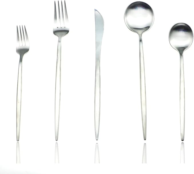 JASHII 18/10 Stainless Steel 5-Piece Matte Silver Flatware Set,Dinner Knife Fork Salad Fork Dessert Spoon, Service for 1, Luxury Silverware Cutlery Utensil Sets