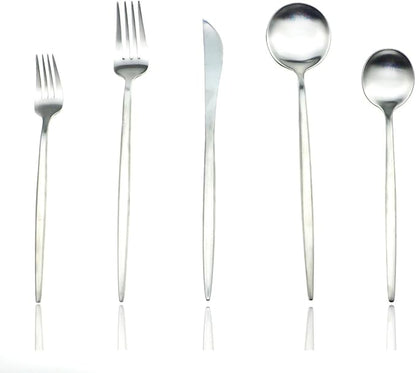 JASHII 18/10 Stainless Steel 5-Piece Matte Silver Flatware Set,Dinner Knife Fork Salad Fork Dessert Spoon, Service for 1, Luxury Silverware Cutlery Utensil Sets