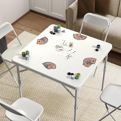 34" Square Folding Table, Plastic Card Table with Carrying Handle, Fold-in-Half Utility Portable Dining Tables Indoor Outdoor for Kitchen, Party, Picnic, Camping, Office, Wedding, White