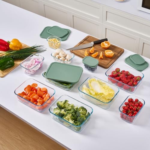 Glass Food Storage Containers with Lids — 6 Piece — 26.5 oz & 40.57 oz Glass with BPA-Free Leak Resistant Stackable Lids — Microwave, Oven & Dishwasher Safe — Ideal for Meal Prep & More - Soft Sage