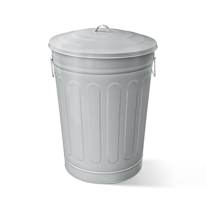 Plexon Round Trash Can 13 Gallon, Vintage Metal Outdoor Trash Can with Lid, Retro Farmhouse Garbage Container, Old School Modern Ash Bucket, Gray