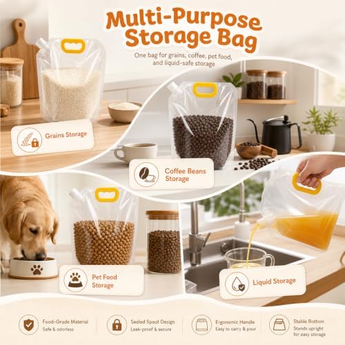 Airtight Grain Storage Bags with Handle - Cereal Containers with Pour Spout, Reusable Rice Food Sealed Container (5PCS,Medium-210 OZ)