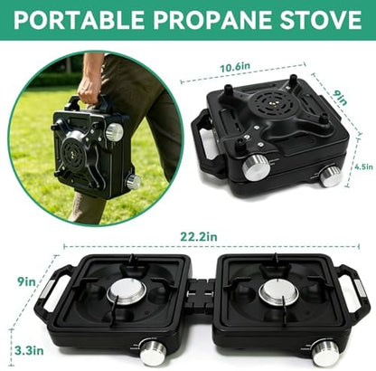2 Burner Camp Stove 24000 BTU, Portable Propane Camping Stove with Windshield, Foldable Gas Stove with Adjustable Burners, Carry Bag, Camping Cooking Set for RV, Tailgating, Survival, Black