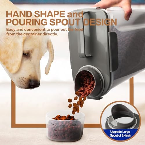TIOVERY Dog Food Storage Container, 5-7 Lbs Airtight Pet Food Container, Cat Food Container Dispenser Plastic Bin with Pouring Spout, Portable Handle and a Collapsible bowl for Dogs Cats Grey/6Qt