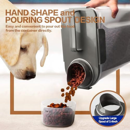 TIOVERY Dog Food Storage Container, 5-7 Lbs Airtight Pet Food Container, Cat Food Container Dispenser Plastic Bin with Pouring Spout, Portable Handle and a Collapsible bowl for Dogs Cats Grey/6Qt