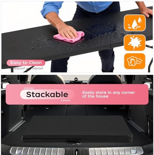 FDW | 8FT Folding Table | Black | Portable Plastic Table