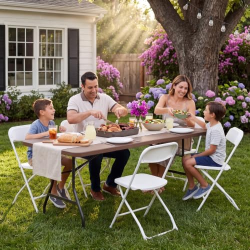 6ft Folding Table, Foldable Picnic Table Portable Table for Indoor Outdoor Use Heavy Duty Plastic Table Camping Table with Carry Handle for Party, BBQ, Brown