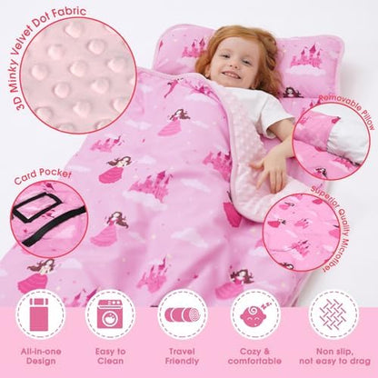 ACRABROS Toddler Nap Mat with Pillow and Blanket, Large Rolled Napping Mats,Slumber Bags for Boys Girls,Kids Sleeping Bag for Daycare, Preschool Travel