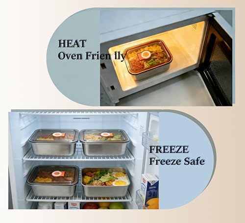 4 Pack 304 Stainless Steel Food Containers with Leakproof Lids, Reusable Metal Storage Containers, Oven/Dishwasher/Freezer Safe
