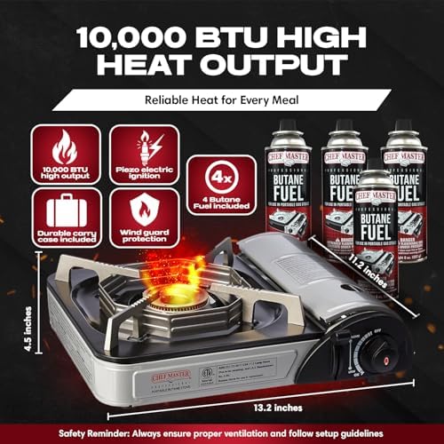 Chef Master Butane Camping Stove - Combo w/ 4x Fuel Canisters, 10,000 BTU