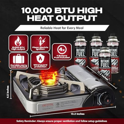 Chef Master Butane Camping Stove - Combo w/ 4x Fuel Canisters, 10,000 BTU