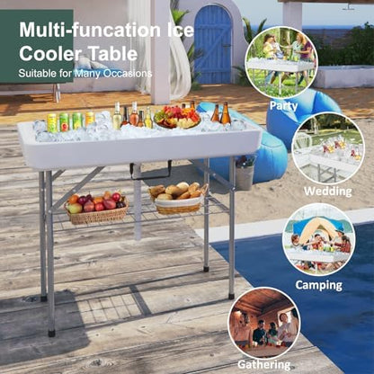 4 Foot Ice Cooler Table, Outdoor Cooler Table with Removable Matching Skirt and Shelf, Folding Ice Tables for Party, BBQ, Camping, Picnic, Fishing Cleaning Tables