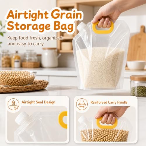 Airtight Grain Storage Bags with Handle - Cereal Containers with Pour Spout, Reusable Rice Food Sealed Container (5PCS,Medium-210 OZ)