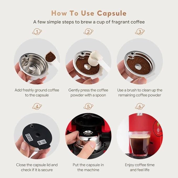 Stainless Steel Reusable Tassimo Pods with 4 Black Silicone Lid 60/180/200/220ml RefillableTassimo Coffee Pads wtih Tamper Compatible for Bosch Tassimo Machine