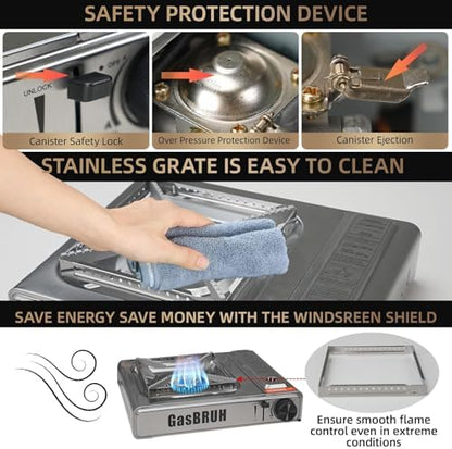 GasBRUH Single Butane Camping Stove with Windblocker, 10000BTU Stainless Steel Portable Camping Stove with Carry Case,Gas Stove for Camping,Tailgating,Outdoor Cooking,Emergency(Fuel not included)