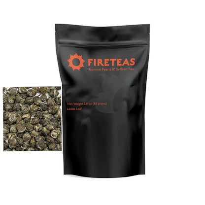 FIRE TEAS Imperial Jasmine Dragon Pearls Tea with Saffron - Rolled Green Tea Pearls, Delicious, Strong Aroma & Taste