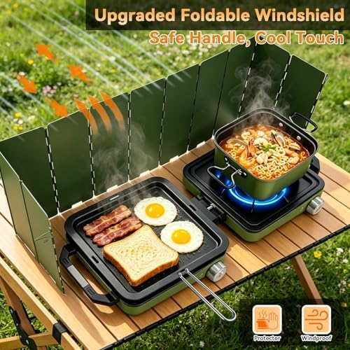 2 Burner Camping Stove with 2-In-1 Cookware Set, 24000 BTU Propane Gas Stove, Foldable Camp Stove with Frying Pan, Pot, Windshield & Carry Bag, Camping Essentials for Picnic, RV, Camp kitchen, Green