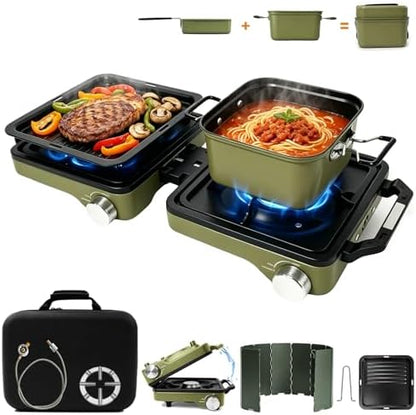 2 Burner Camping Stove with 2-In-1 Cookware Set, 24000 BTU Propane Gas Stove, Foldable Camp Stove with Frying Pan, Pot, Windshield & Carry Bag, Camping Essentials for Picnic, RV, Camp kitchen, Green
