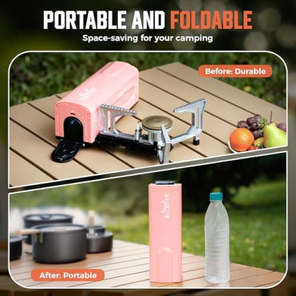 BIG HORN OUTDOORS Butane Camping Stove, Portable Folding Gas Burner with Carry Bag for Camping, Emergency Use and Outdoor Cooking, Pink
