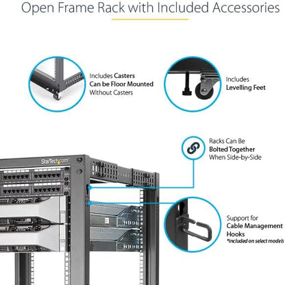 StarTech.com 4-Post 12U Mobile Open Frame Server Rack, 19in Network Rack with Wheels, Rolling Rack for Computer/AV/Data/IT Equipment - Casters, Leveling Feet or Floor Mounting (4POSTRACK12U)