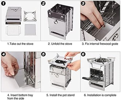 REDCAMP Wood Burning Folding Camp Stove Stainless Steel Grid and Pot Stand, Portable Collapsible Backpacking Stove Survival Rocket Stove for Hiking Outdoor Tent Camping Picnic, Samll with Pot Stand