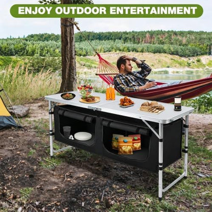 Camping Table with Storage, Portable Lightweight 3 Height Adjustable for Outdoor,Black