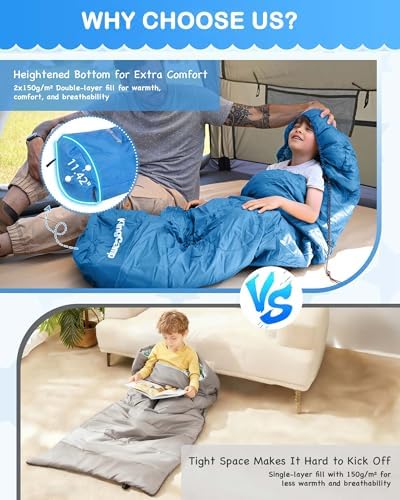 KingCamp 45°F Kids Sleeping Bag, 100% Flannel Sleeping Bag for 10-12 Child