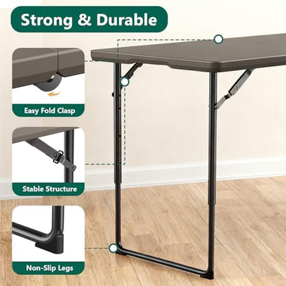 Folding Table, 4FT Foldable Picnic Table with Adjustable Height, Heavy Duty Fold-in-Half Portable Table for Weddings, Camping, RV Travel, Parties, BBQs, and Indoor Use, Easy to Fold and Store, Khaki