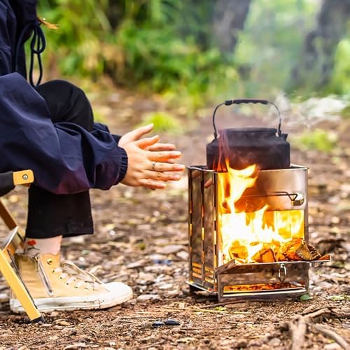 REDCAMP Wood Burning Folding Camp Stove Stainless Steel Grid, Portable Collapsible Backpacking Stove Survival Rocket Stove for Hiking Outdoor Tent Camping Picnic BBQ, Samll