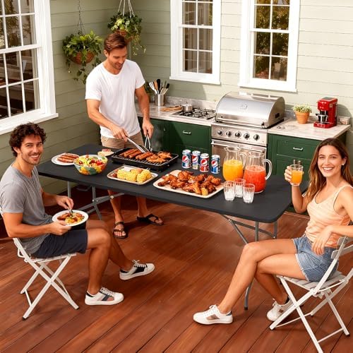 FDW | 6FT Folding Table | Black Wood Grain | Portable Plastic Table