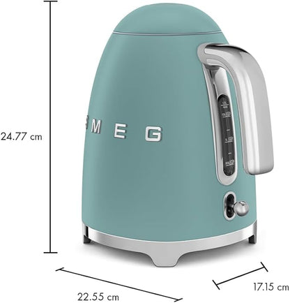 SMEG KLF03 7 Cup Electric Water Kettle, Retro-Style, Soft-Opening Lid, Auto Shut-Off, 360° Swivel Base – Jade