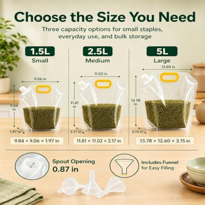 Airtight Grain Storage Bags with Handle, 5 Pack Large Capacity Cereal Containers Storage, Moisture-Proof Stand-Up Dry Food Pouches, Reusable Rice Sealed Container for Kitchen & Pantry (10PCS, 1.5)