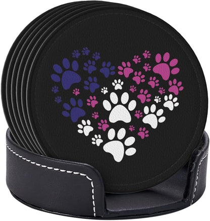 6 Pcs Cat Dog Paw Prints Heart Leather Coasters