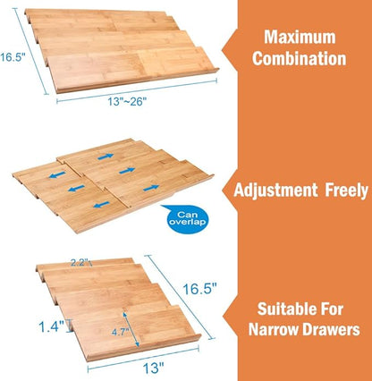 Bamboo Spice Drawer Organizer, 4 Tier In Drawer Spices Rack for Cabinet Drawer Expandable From 13" to 26", Stackable Seasoning Storage Organizer Insert