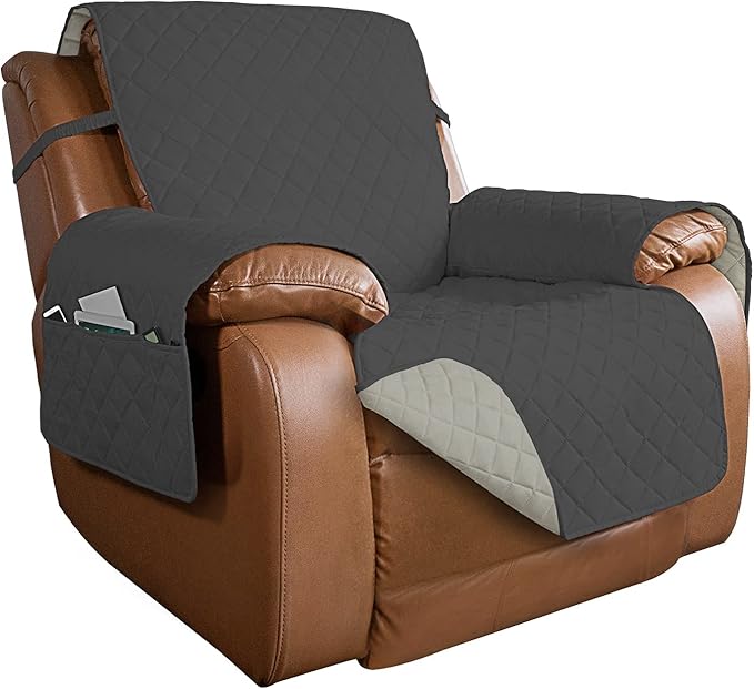 PureFit Reversible Quilted Sofa Cover, Water Resistant Slipcover Furniture Protector, Washable Couch Cover with Non Slip and Elastic Straps for Kids, Dogs, Pets (Oversized Recliner, Dark Gray/Beige)