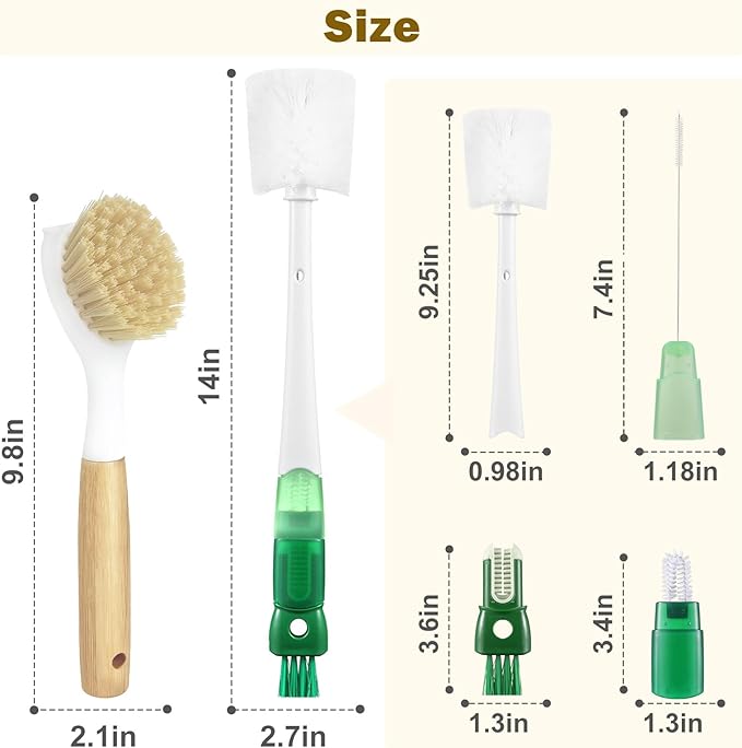 XYFuuee 5 Pack Dish Bottle Brush Set with 5-in-1 Cup Cleaning Brush, Dish Scrub Long Handle Brush with Scraper Tip, 3 Straw Cleaner Brushes for Stanley, Washing Kitchen Sink Pot Pan Water Bottle Stove