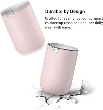 EKO Mini Desk Trash Can with Swing-Top Lid 0.4 Gallon Small Table Round Wastebasket for Office, Home, Car (Pink)