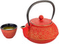 Restaurantware-30 Ounce Japanese Teapot, 1 Enamel Coated Japanese Tea Kettle - Cherry Blossom Design, Includes Mesh Strainer, Red Cast Iron Primitive Kettle, For Teabags And Loose Leaf Tea