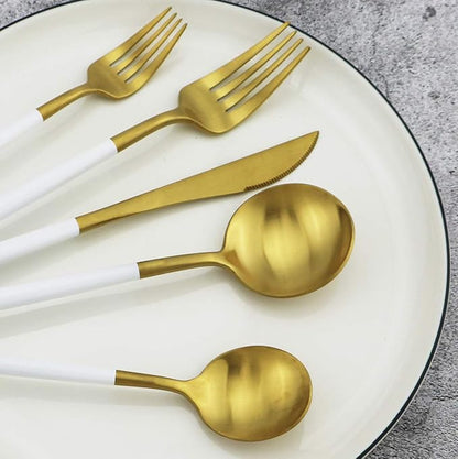 Gugrida 20-Piece 18/10 Stainless Steel Flatware Silverware, Luxury Dinnerware Set Travel Cutlery Tableware Include Knife Fork Spoon Service for 4, Dishwasher Safe (White Handle Matte Gold)