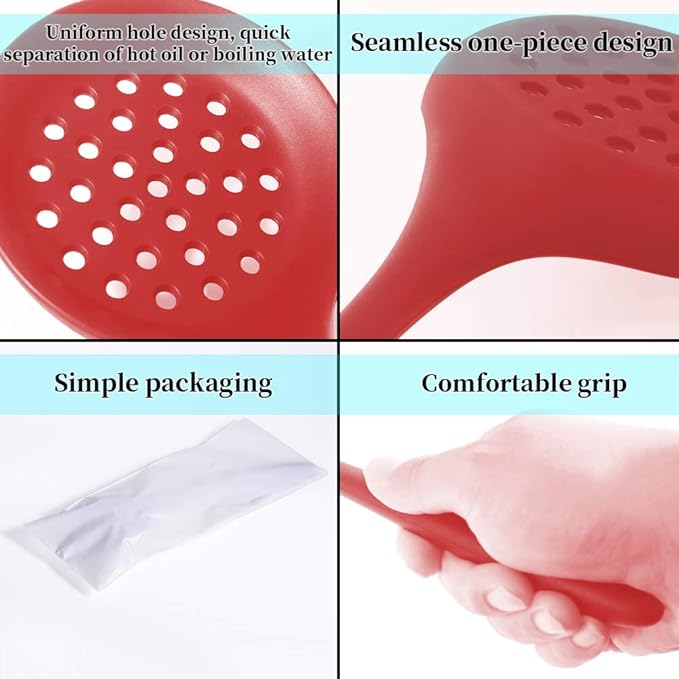 77L Slotted Spoon, Heatproof Skimmer Strainer Slotted Spoon, Seamless One-Piece Non-Stick Cooking Silicone Scoop Ladle with Ergonomic Handle for filter Vegetable, Pasta and More (Red)