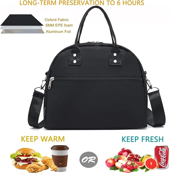 FlowFly Insulated Lunch Bag With Shoulder Strap for Women, Men, and Kids, Large and Reusable, Handle, Freezable Work and School Travel Tote and Meal Prep Organizer (Black)