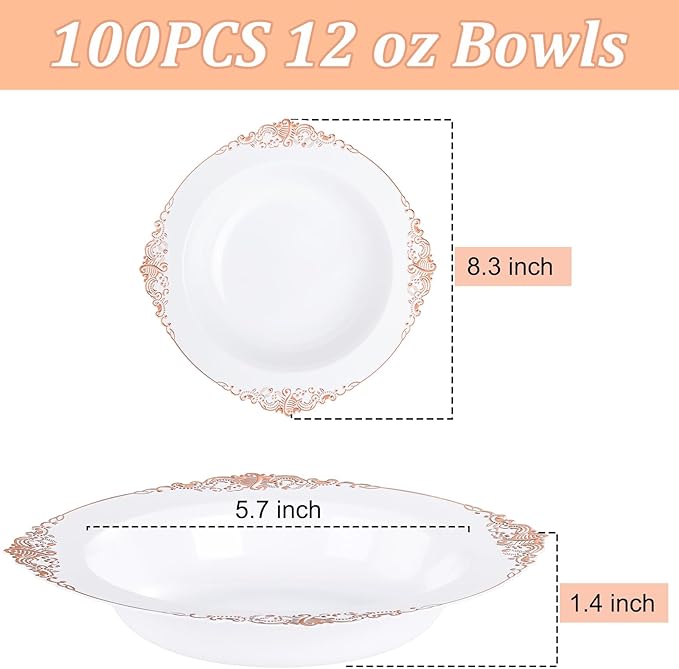 100PCS Rose Gold Plastic Bowls - 12 oz Disposable Salad Bowls - Heavy Duty Disposable Soup Bowl - Fancy Plastic Ice Cream Bowl for Weddings Parties Catering Picnics